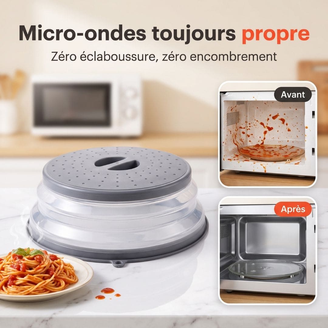 Couvercle micro-ondes pliable – Zéro tache, zéro encombrement
