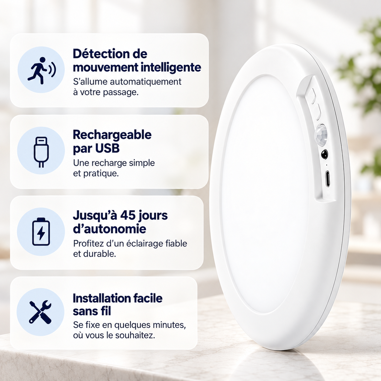 LUMISENSE™ – Plafonnier LED Sans Fil à Détecteur de Mouvement