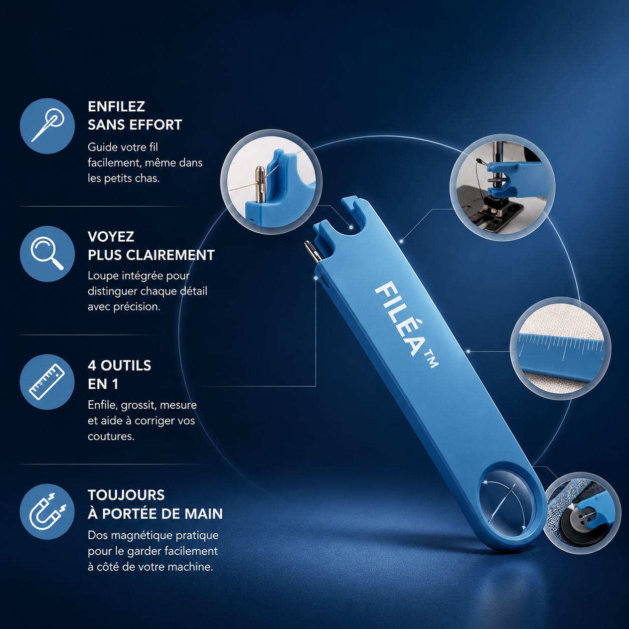 FILÉA™ -  Enfile-aiguilles multifonctionnel avec 4 fonctions pratiques