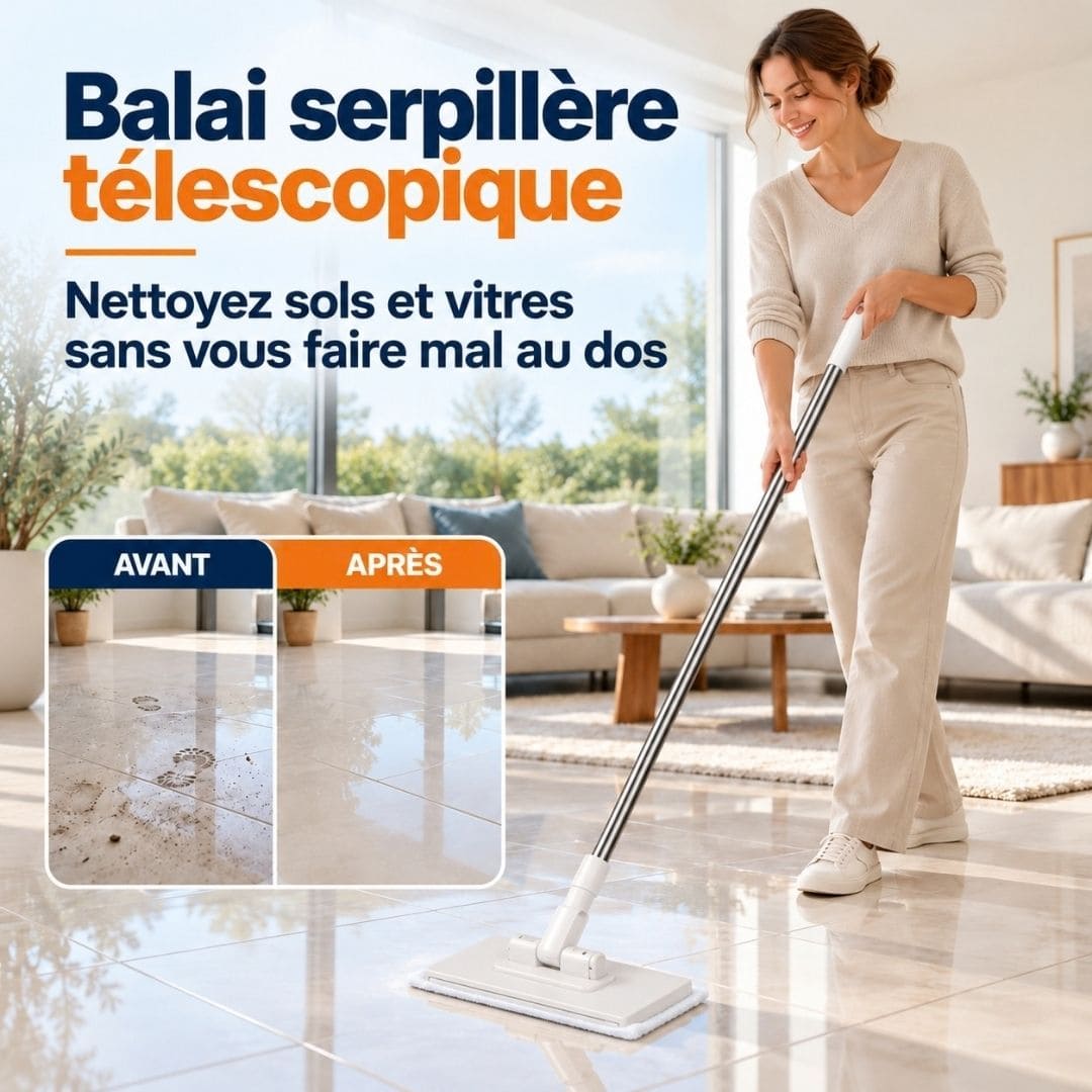 Balai serpillère télescopique – Sols et vitres sans mal de dos