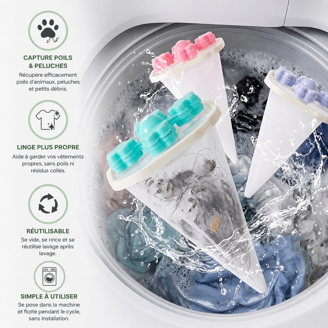 VELINA™ – Filtre Anti-Peluches & Poils pour Lave-Linge