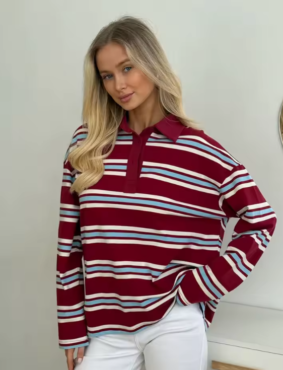 ChicLinea™ – Polo Femme Rayé à Manches Longues